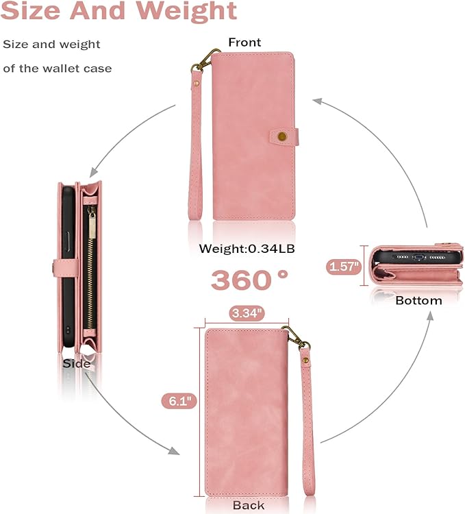 TwoHead for Samsung Galaxy S24 Wallet Case with Card Holder, Detachable Magnetic Phone Case for S24,PU Leather All-Round Protective Phone Case Wallet with Wrist Strap,Pink