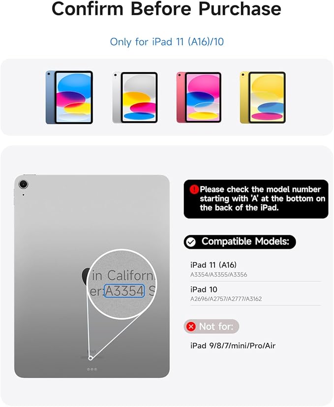 HOU Keyboard Case for iPad A16 11/10, Magnetic Magic-Stand, Floating Design, Durable Spindles, Multi-Touch Trackpad, 7 Colors Backlit, Stain Resistant PU, Bluetooth