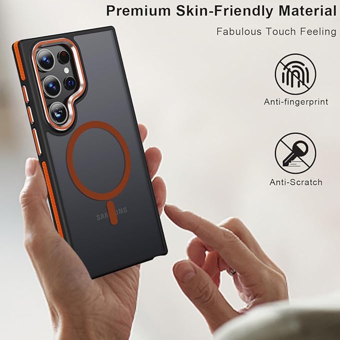 for Samsung Galaxy S24 Ultra Case, Magnetic Phone Case Compatible with Magsafe, Anti-Slip Drop Protection Translucent Cover for Galaxy S24 Ultra (Black/Orange)