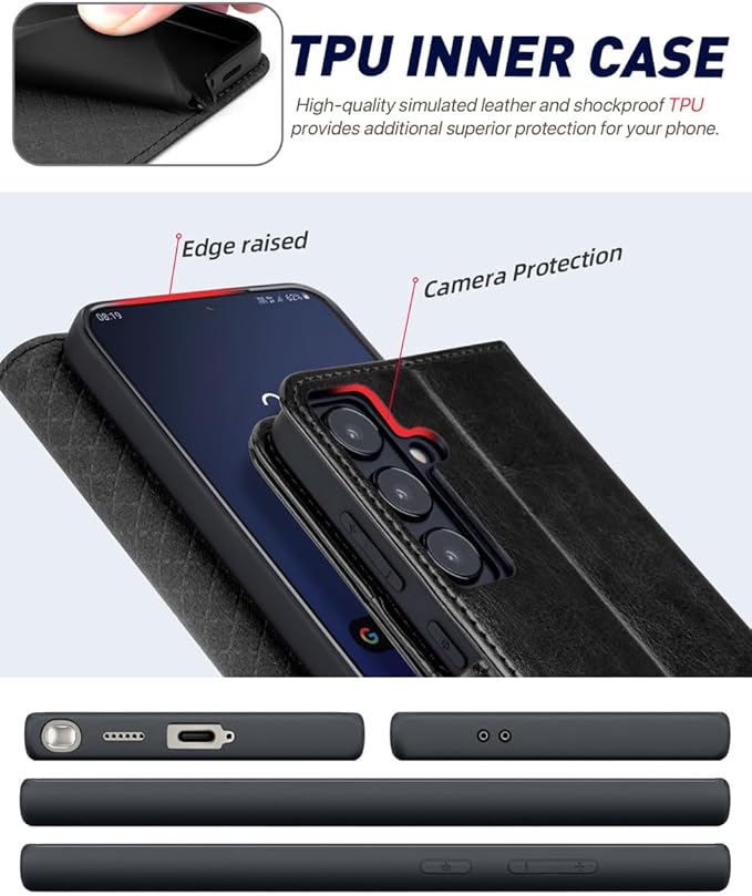 OCASE Compatible with Galaxy S24 5G Wallet Case, PU Leather Flip Folio Case with Card Holders RFID Blocking Kickstand [Shockproof TPU Inner Shell] Phone Cover (2024), Black