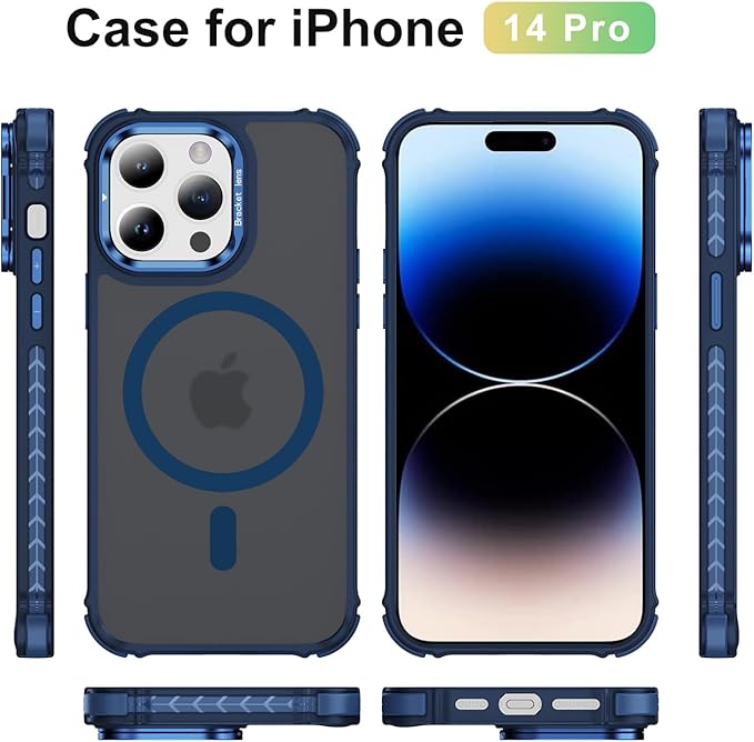 Magnetic for iPhone 14 Pro Case Blue with MagSafe Wireless Charging Heavy Duty Military-Grade Shockproof Protection Adjustable Kickstand Slim Matte Anti-Fingerprint Cover Men Women