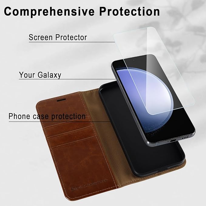 MONASAY Wallet Case Fit for Samsung Galaxy S23 FE 6.4 inch 5G,[RFID Blocking] Flip Folio Leather Cell Phone Cover with Credit Card Holder, Brown