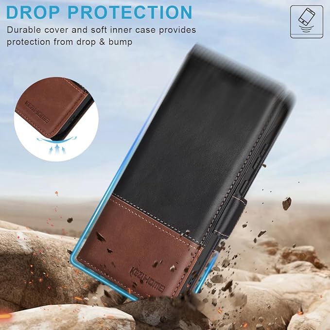 KEZiHOME for Samsung Galaxy S24 Plus 5G Case, Flip Case, Genuine Leather, RFID Blocking, Card Holder, Magnetic, Stand, Black/Brown