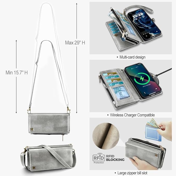 for iPhone 17 Pro Max Wallet Phone Case with 8 Card Holder,RFID Blocking | PU Leather | Kickstand | Flip | Wrist Strap&Shoulder Strap | Shockproof | Zipper Wallet | Women Men | 6.9" | Silvery