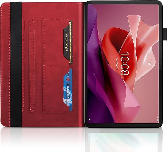 Case for Lenovo Tab P12 12.7 Inch 2023, PU Leather Cover Lightweight Flip Stand Shell with Elastic Band & Card Holder for Lenovo Tab P12 SM-TB370FU/TB371FC-Red