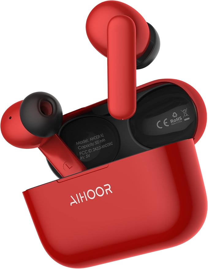 AIHOOR Wireless Earbuds for Music and Sports, Bluetooth 5.3 in-Ear Headphones with Extra Bass Built-in Mic Touch Control 30hr Battery Earphones, Waterproof (Red & Black)