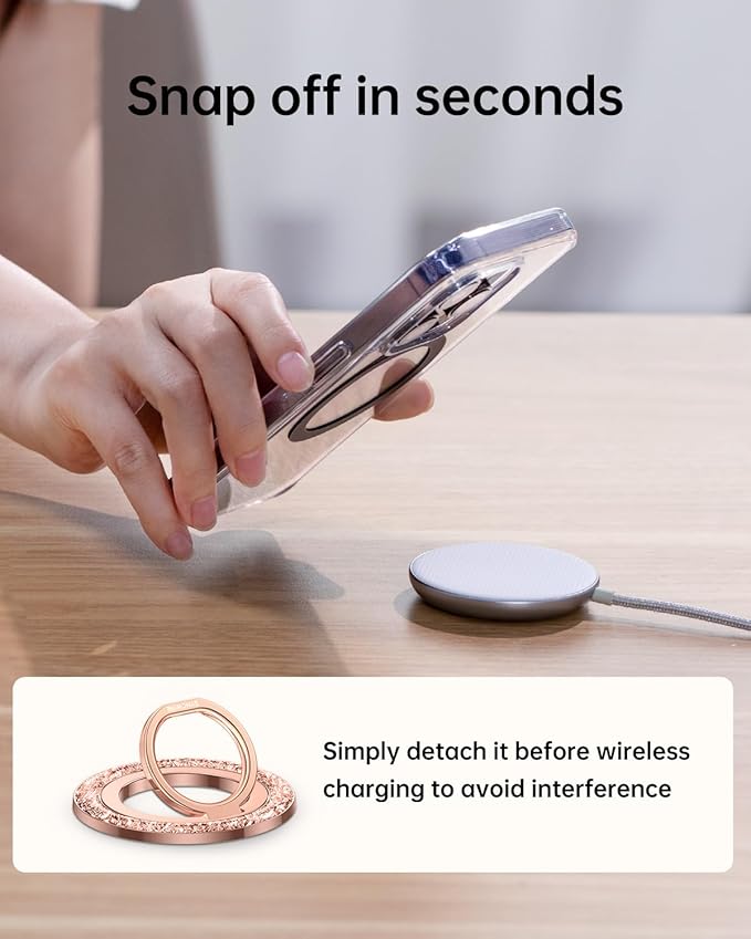 SYNCWIRE Magnetic Phone Ring Holder for MagSafe - Glitter Phone Grip Stand with 360° Rotation & Reinforced Hinge, Compatible with iPhone 16 15 14 13 Pro Max Plus MagSafe Accessories - Rose Gold