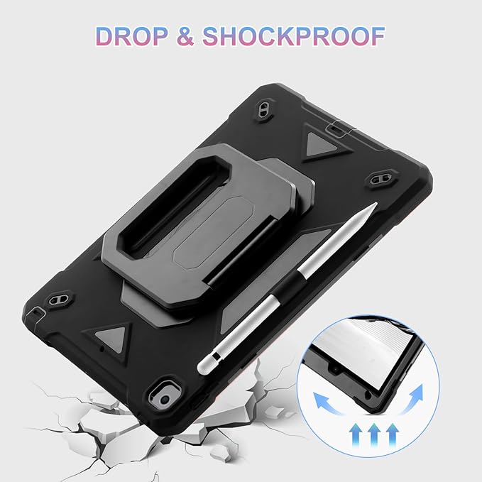 for iPad 10.2 inch Shockproof Case with 360 Rotating Grip Magic Stand, Pen Slot/Keychain/Carrying Shoulder Strap,Case for iPad 9th/8th/7th Gen