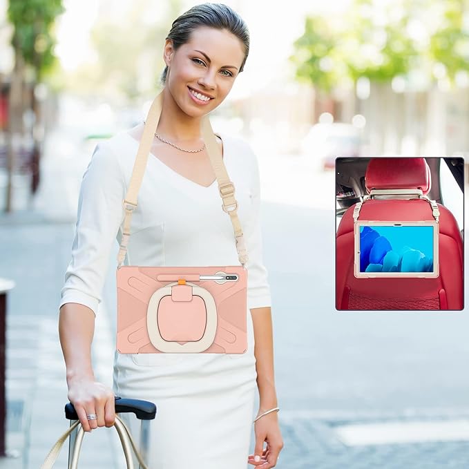 360 Rotation Portable Case for Galaxy Tab S8+/S7 FE/S7+ 12.4 Inch with S Pen Holder Rugged Rotating Stand Hand Strap Shoulder Carrying Outdoor Cover (Pink)