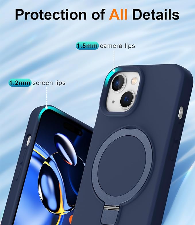 ZHK Liquid Silicone Designed for iPhone 15 Case with Magnet Stand, [Mil-Grade Drop Shockproof][Soft Anti-Scratch Microfiber Lining] Slim Fit Cover, Navy Blue