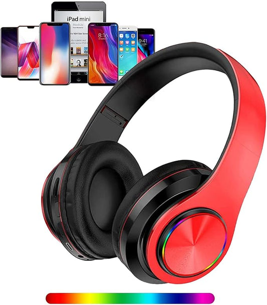 Wireless Bluetooth Headphones with Colorful LED Lights, Built-in Mic, Light Weight, Foldable, Wired HiFi Stereo Headphones for Classroom/Home Office/PC/Mobile Phone/Kids Adult (Red Black)