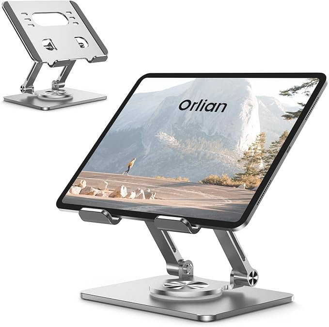 Tablet Stand Holder with Thickened 360°Rotating Base Dual Rod Adjustable Aluminum Stand for All 5.8-12.9” iPad Samsung Phone Tablet Kindle E-Reader and More, Silver