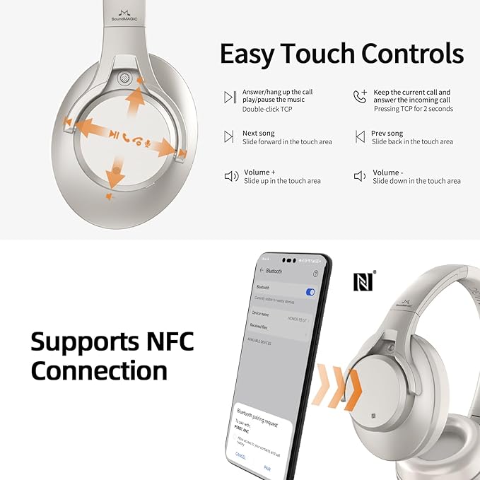 SoundMAGIC P58BT ANC - Over Ear Hybrid Active Noise Cancelling Bluetooth Headphones - Silver