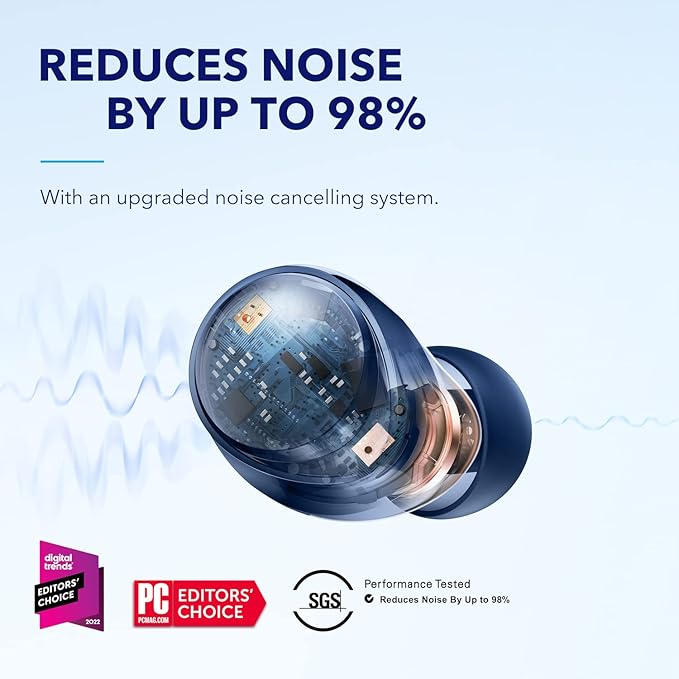 soundcore by Anker Space A40 Auto-Adjustable Active Noise Cancelling Wireless Earbuds, Reduce Noise by Up to 98%, 50H Playtime, Hi-Res Sound, Comfortable Fit, App Customization, Wireless Charge (Blue)