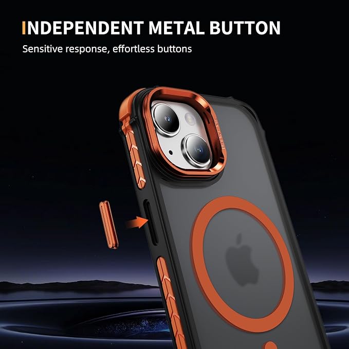 Magnetic for iPhone 15 Case Orange with MagSafe Wireless Charging Heavy Duty Military-Grade Shockproof Protection Adjustable Kickstand Slim Matte Anti-Fingerprint Cover Men Women