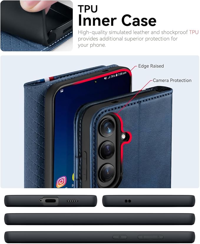 OCASE Compatible with Galaxy S25 FE Wallet Case, PU Leather Flip Folio Case with Card Holders RFID Blocking Kickstand [Shockproof TPU Inner Shell] Protective Phone Cover 2025, Retro Blue