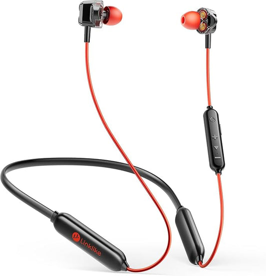 LINKLIKE Neckband Bluetooth Earbuds Wireless, Sports Earphones with 100H Playtime, HD Sound with 4 Drivers, Earbuds Around Neck Secure Fit IPX7 Waterproof for Running,Gym,Workout-Red