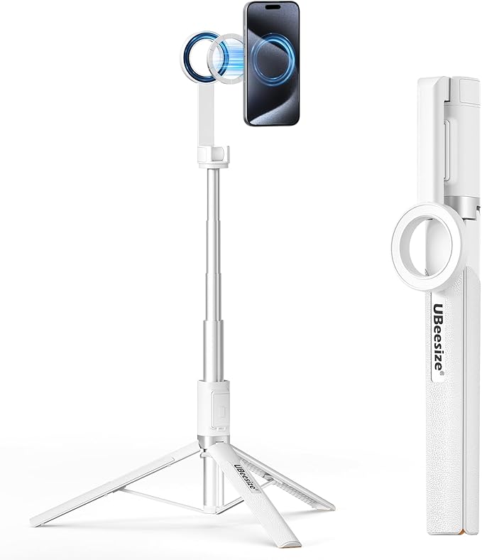 UBeesize Magnetic Tripod for iPhone with Remote, 64’’ Extendable Phone Stand for Video Recording/Vlogging, N52 Strong Holder for iPhone 12-17/Android, Portable Travel Selfie Stick Tripod(White)