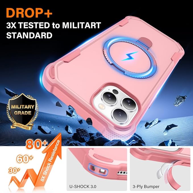 Designed for iPhone 14 Pro Max Case with Magnetic Stand [Military Drop Protection][Compatible with Magnet] Shockproof 14 Pro Max Phone Case with Ring Holder, Pink