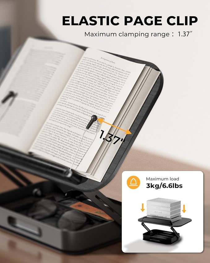 Adjustable Book Stand for Reading with Storage – 360° Rotating Base, Height Adjustable, Extra-Wide Page Clips for Thick Books – Portable Desk Book Holder for Study, Bed, Office, Kitchen (Black)