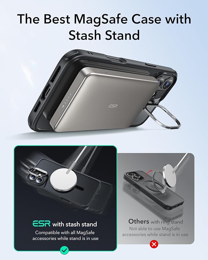 ESR for iPhone 16 Case, Compatible with MagSafe, Military-Grade Protective Case, Built-in Stash Stand Phone Case, Scratch-Resistant Back Cover, Classic Series, Clear Black