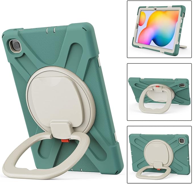 360 Rotation Case for Samsung Galaxy Tab S6 Lite 10.4" Sturdy Cover Rotate Ring Stand Shoulder Carrying Strap Hand Strap Rugged Children Adults Outdoor Case (DarkGreen)