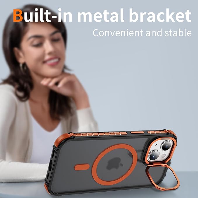 Magnetic for iPhone 14 Case/iPhone 13 Case Orange with MagSafe Wireless Charging Military-Grade Shockproof Protection Adjustable Kickstand Slim Matte Anti-Fingerprint Cover Men Women
