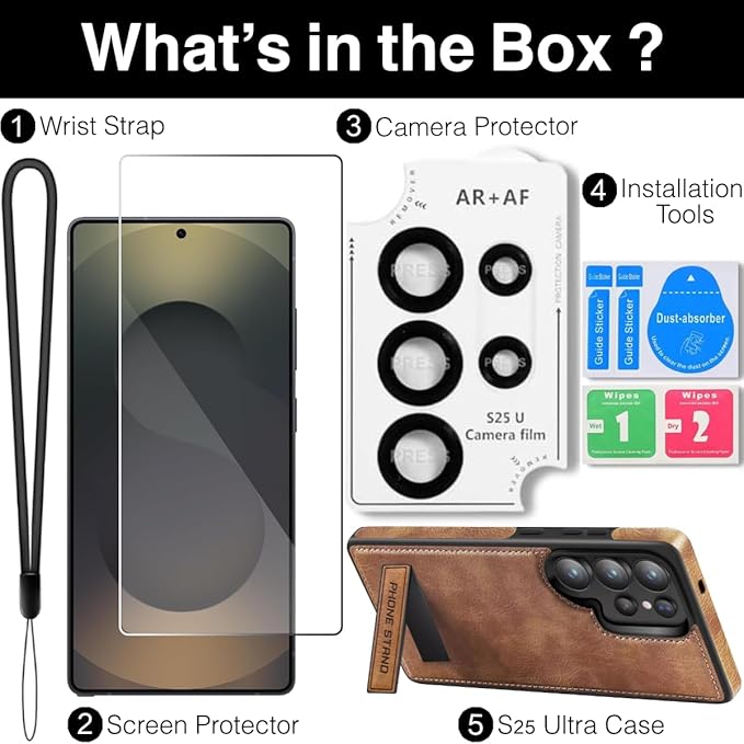 for Galaxy S25 Ultra Leather Case, Built-in Foldable Alloy Stand, with Camera Lens and Screen Protector, Slim Shockproof Kickstand Phone Cover 2025 (Brown)