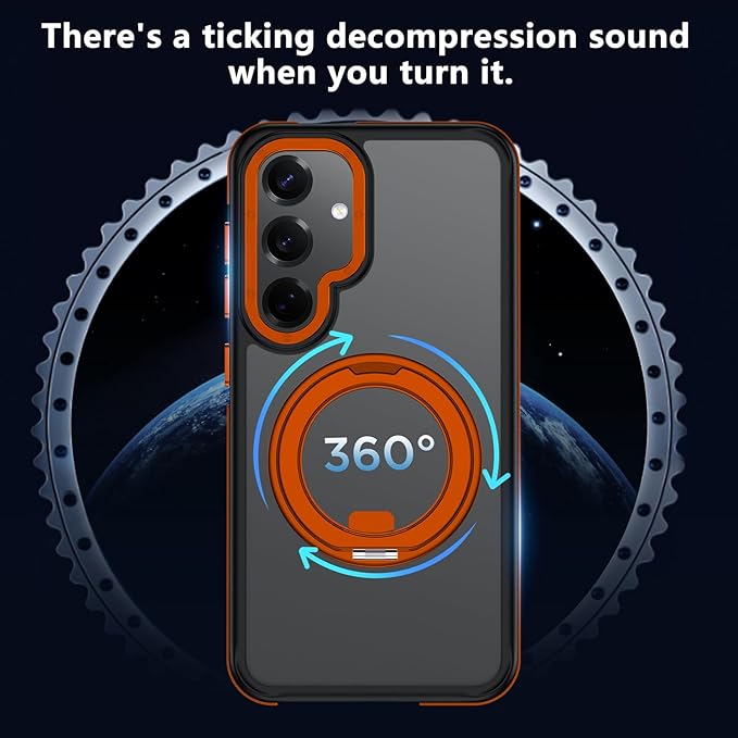 360°Spin Magnetic Stand for Samsung Galaxy S25 Case, [Compatible with Magsafe] Military Grade Drop Protection, Matte Hard Slim S25 Phone Case with Kickstand & Ring Holder (Orange)