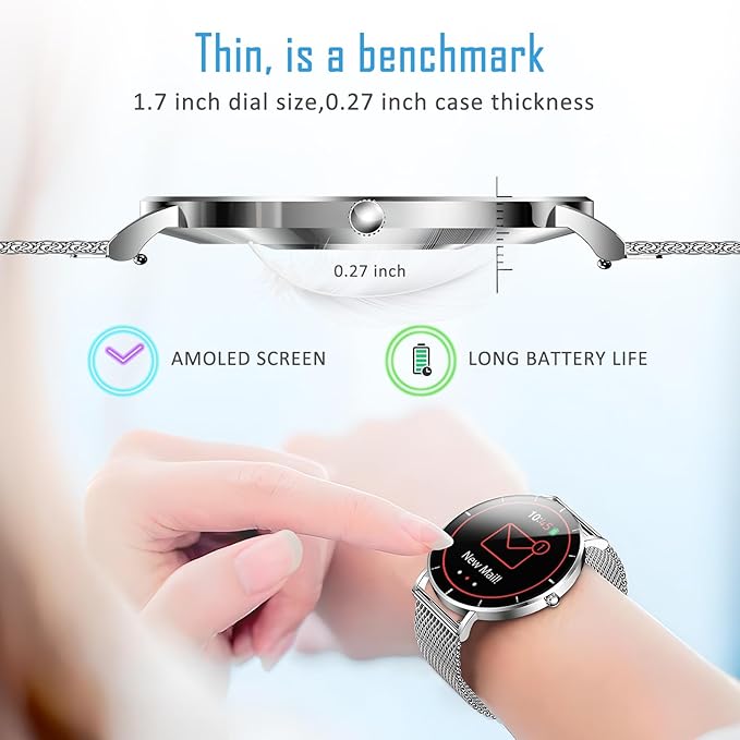 Smart Watch for Men and Women, 1.3 Inch Amoled HD Round Full Touch Screen Watch, Full Metal 6.8MM Ultra-Thin Case, Multiple Sports Modes, Compatible with Androidand iOS (Steel Silver)