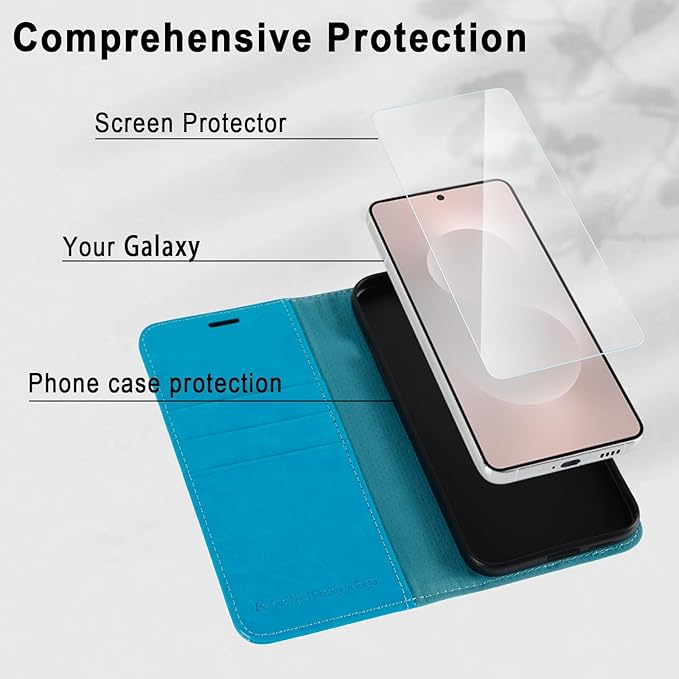 MONASAY Wallet Case Fit for Samsung Galaxy S25 Edge 5G，[Lens & Glass Screen Protector] [RFID Blocking] Flip Folio Leather Cell Phone Cover with Credit Card Holder, 6.7 inch, Light Blue