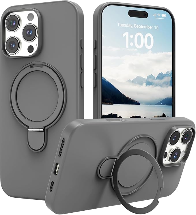 Magnetic Stand for iPhone16 Pro Max Case with Kickstand 【Lab-Certified Protection】【Not Yellowing】【Anti-Fingerprint】 Durable, Enhanced Grip, Slim，Gray，iPhone 16 Pro Max 6.9"