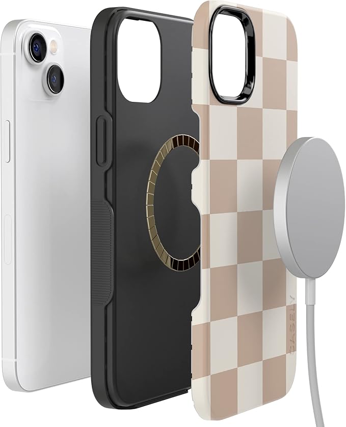 Casely iPhone 14 Case | Fit Check | Neutral Checkerboard Checkered | Compatible with MagSafe | Bold Protective Design