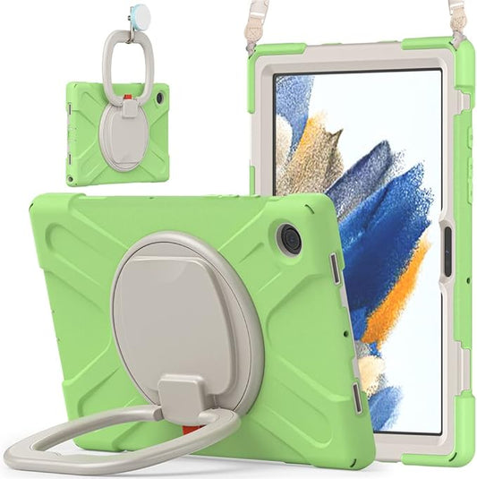 360 Rotation Case for Samsung Galaxy Tab A8 10.5" Sturdy Cover Rotate Ring Stand Shoulder Carrying Strap Hand Strap Rugged Children Adults Outdoor Case, LightGreen