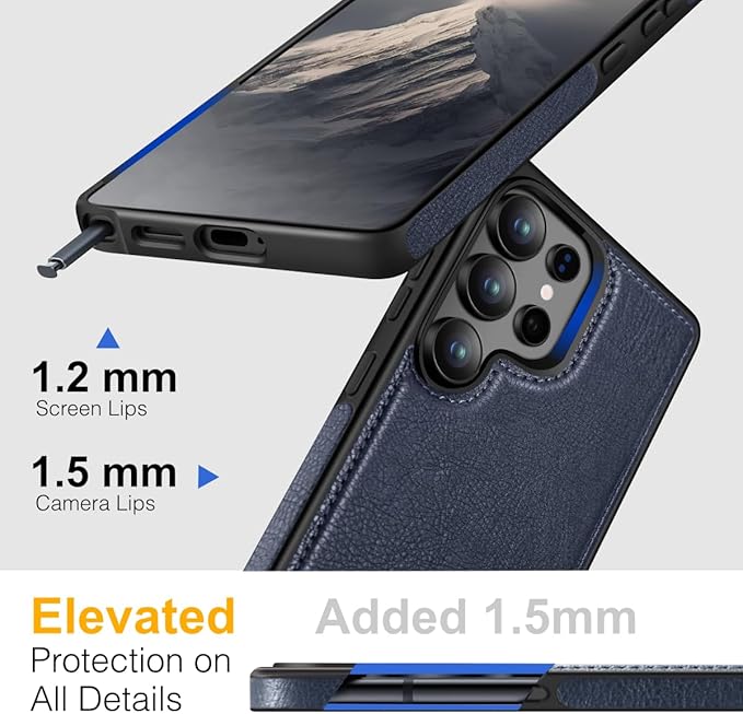 for Galaxy S25 Ultra Leather Case, Built-in Foldable Alloy Stand, with Camera Lens and Screen Protector, Slim Shockproof Kickstand Phone Cover 2025 (Blue)