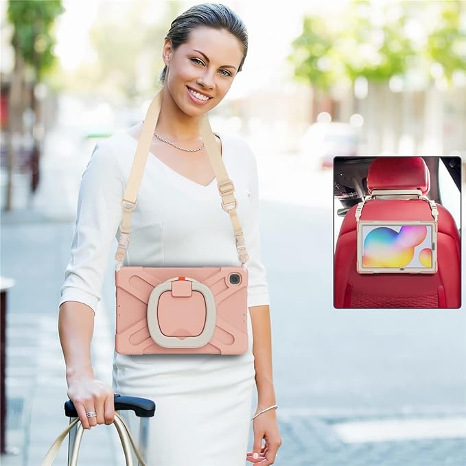 360 Rotation Case for Samsung Galaxy Tab S6 Lite 10.4" Sturdy Cover Rotate Ring Stand Shoulder Carrying Strap Hand Strap Rugged Children Adults Outdoor Case (Pink)