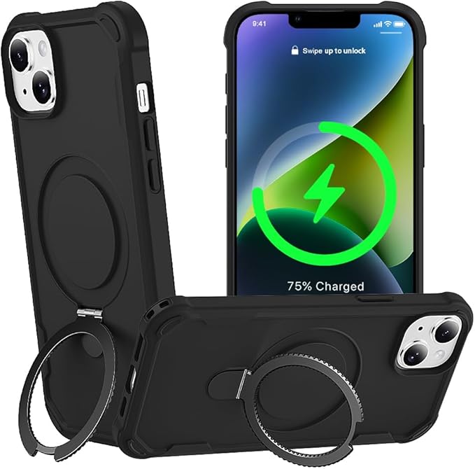 Designed for iPhone 14 Case with Magnetic Stand [Military Drop Protection][Compatible with Magnet] Shockproof 14 Phone Case with Ring Holder, Black
