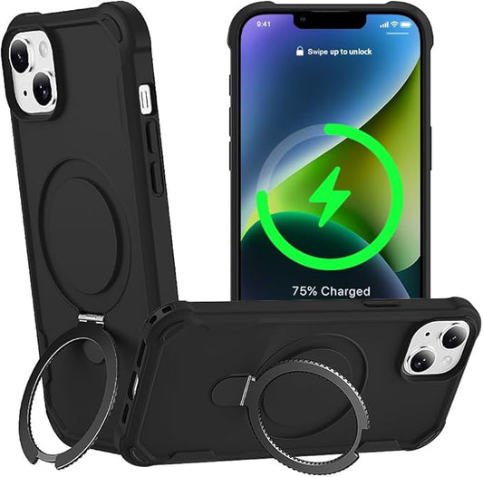 Designed for iPhone 14 Plus Case with Magnetic Stand [Military Drop Protection][Compatible with Magnet] Shockproof 14 Plus Phone Case with Ring Holder, Black