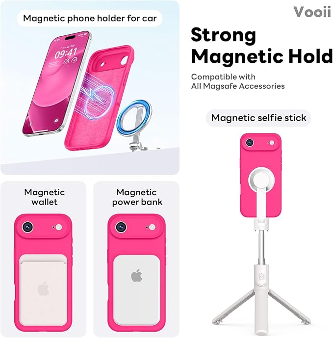 Vooii Magnetic Compatible with iPhone Air Case (Compatible with Magsafe) (Upgraded Camera Protection) Liquid Silicone Shockproof Full Body Protective Phone Cover for Women Men, Hot Pink, 6.5"
