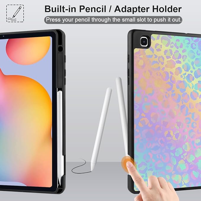 DONGKE Case for Samsung Galaxy Tab S6 Lite 10.4 Inch 2024/2022/2020, Trifold Stand + S Pen Holder + Auto Wake/Sleep + Soft TPU Protective Stand Back Cover, Colorful Leopard