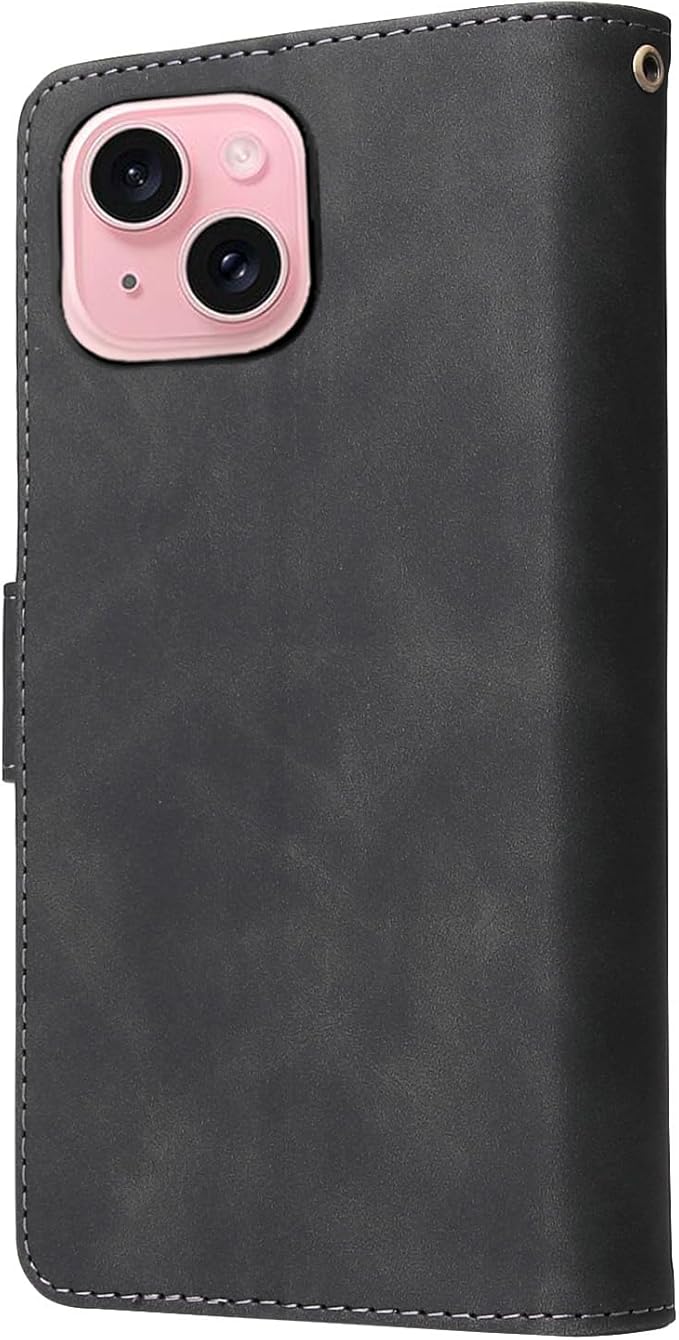 Asuwish Compatible with iPhone 15 6.1 inch Wallet Case Tempered Glass Screen Protector and Leather Flip Cover Card Holder Stand Cell Phone Cases for iPhone15 5G i i-Phone i15 15Case Women Men Black