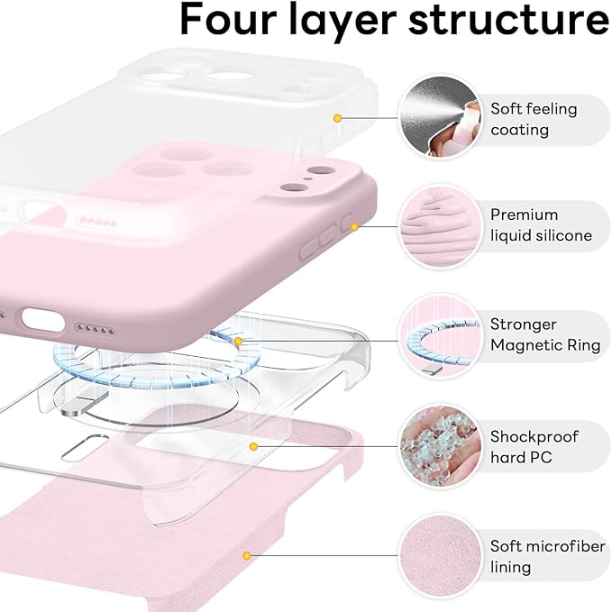 Vooii Magnetic Compatible with iPhone 17 Pro Case (Compatible with Magsafe) (Upgraded Camera Protection) Liquid Silicone Shockproof Full Body Protective Phone Cover for Women Men, Chalk Pink, 6.3”
