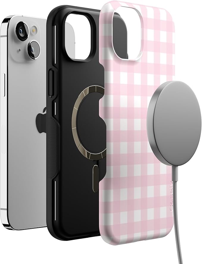 Casely iPhone 14 Case | Pink Plaid | Sunday Best | Compatible with MagSafe | Bold Protective Design