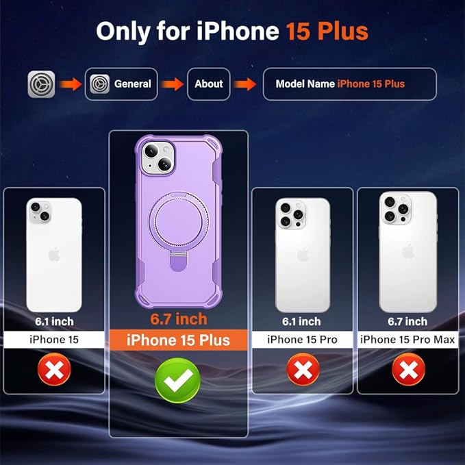 Designed for iPhone 15 Plus Case with Magnetic Stand [Military Drop Protection][Compatible with Magnet] Shockproof 15 Plus Phone Case with Ring Holder, Purple
