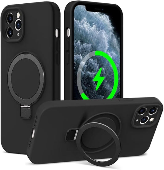 ZHK Liquid Silicone Designed for iPhone 11 pro max Case with Magnet Stand, [Precise Camera Lens Protection][Mil-Grade Drop Shockproof][Soft Anti-Scratch Microfiber Lining] Slim Fit Cover, Black