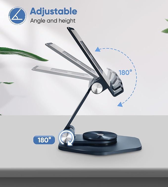 Foldable Aluminum Tablet Stand for Desk, 360° Swivel iPad & Tablet Holder – Portable & Stable Desktop Mount for 5–12.9in Devices, Dark Grey