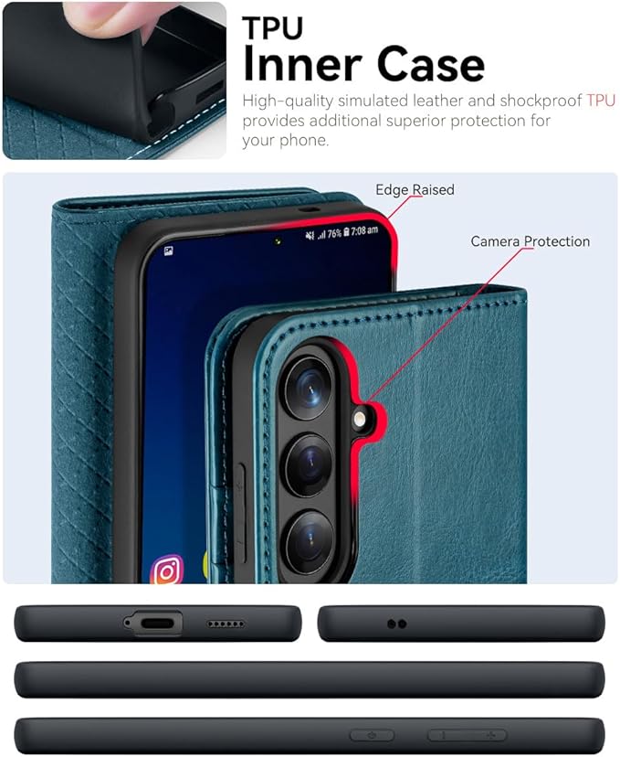 OCASE Compatible with Galaxy S25 FE Wallet Case, PU Leather Flip Folio Case with Card Holders RFID Blocking Kickstand [Shockproof TPU Inner Shell] Protective Phone Cover 2025, Peacock Blue