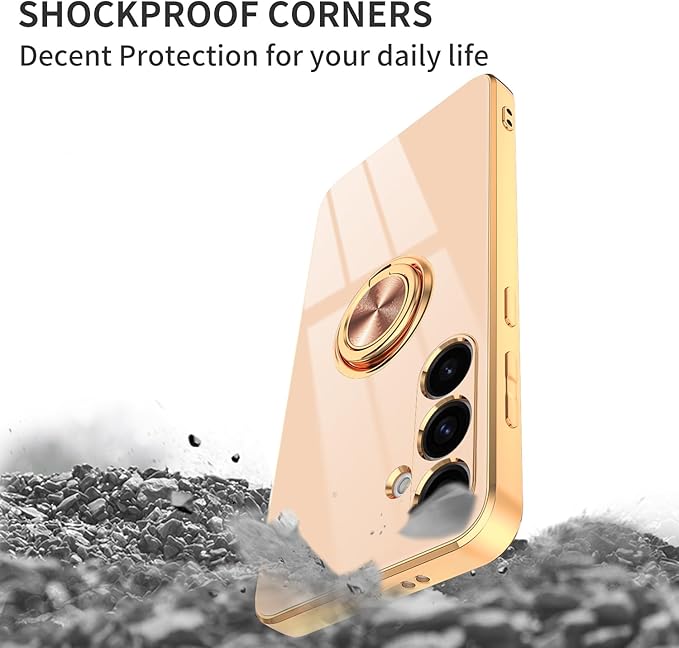 Dinick Pink for Samsung Galaxy S24+ Case with Ring Holder Kickstand [with Magnetic] Soft TPU Bumper, Glitter Gold Electroplated Cover Slim Thin Protective Phone Case for Galaxy S24 Plus