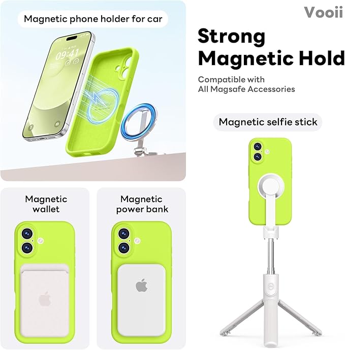 Vooii Magnetic Compatible with iPhone 17 Case (Compatible with Magsafe) (Upgraded Camera Protection) Liquid Silicone Shockproof Full Body Protective Phone Cover for Women Men, Fluorescent Green, 6.3"