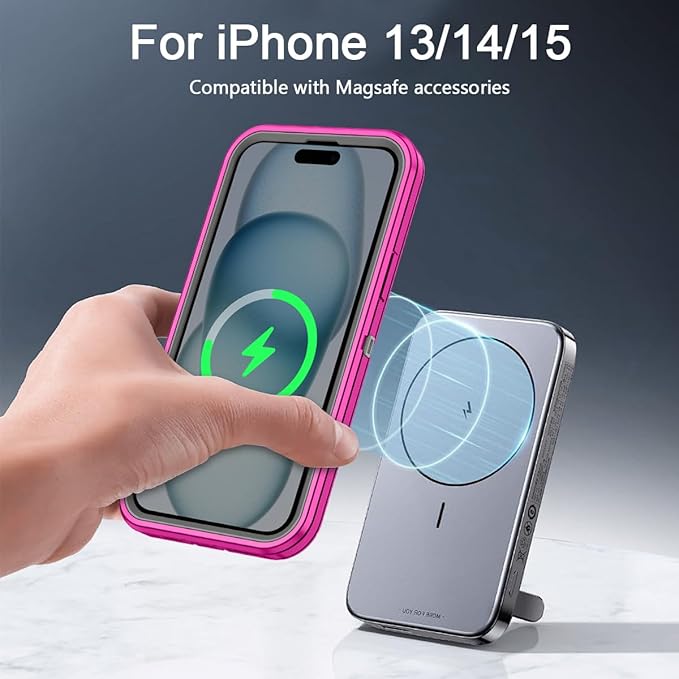 for iPhone 13/14/15 Case [Compatible with MagSafe] Shockproof 3-Layer Full Body Protection Rugged Heavy Duty Cover Case for Apple iPhone 13/14/15 6.1",Rose Red/Grey
